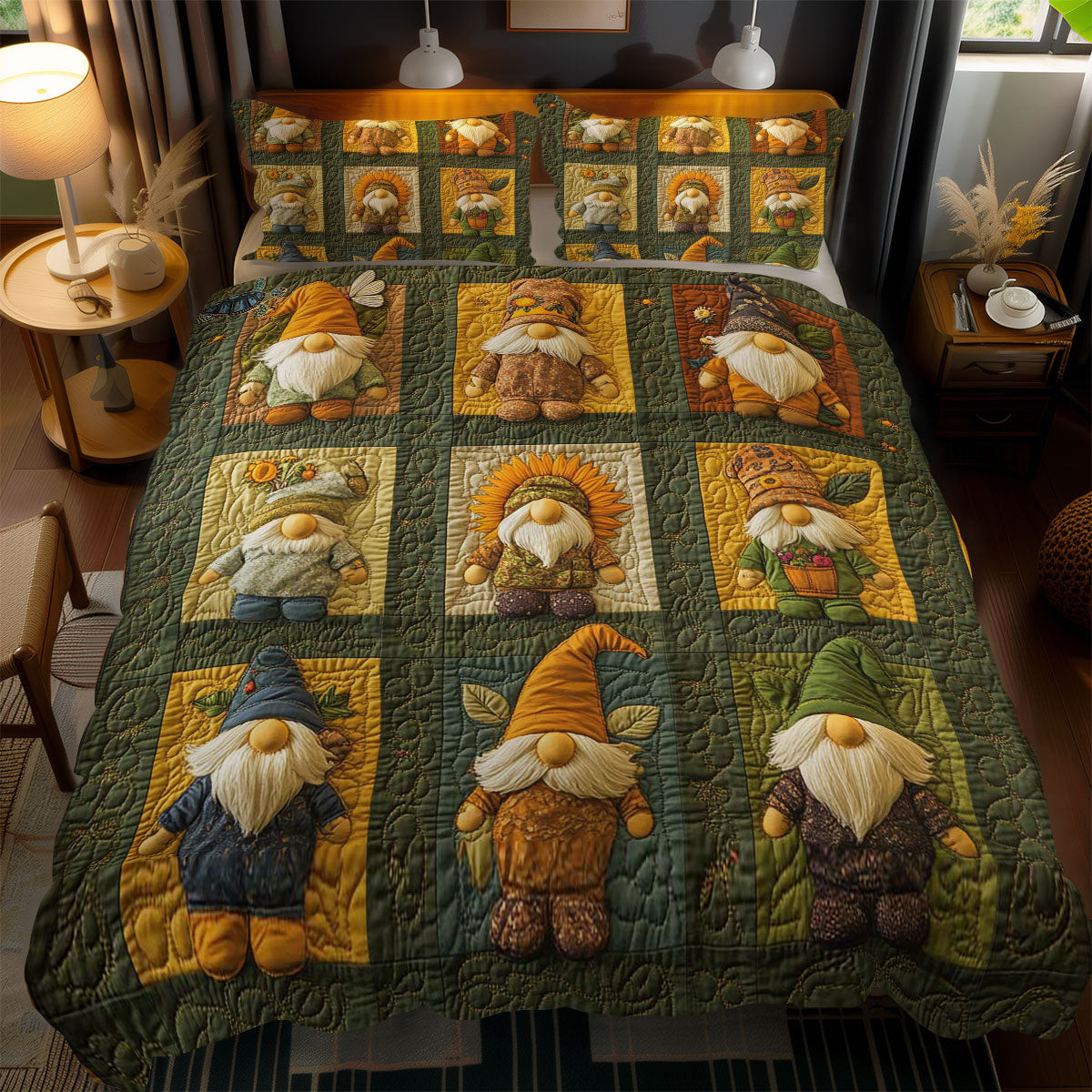 Happy Gnome Holiday Xmas Quilted Bedding Set Romantic Christmas Gifts For Newlyweds