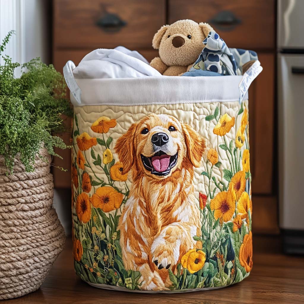 Happy Golden Pup Quilted Laundry Basket Birthday Merch Gift