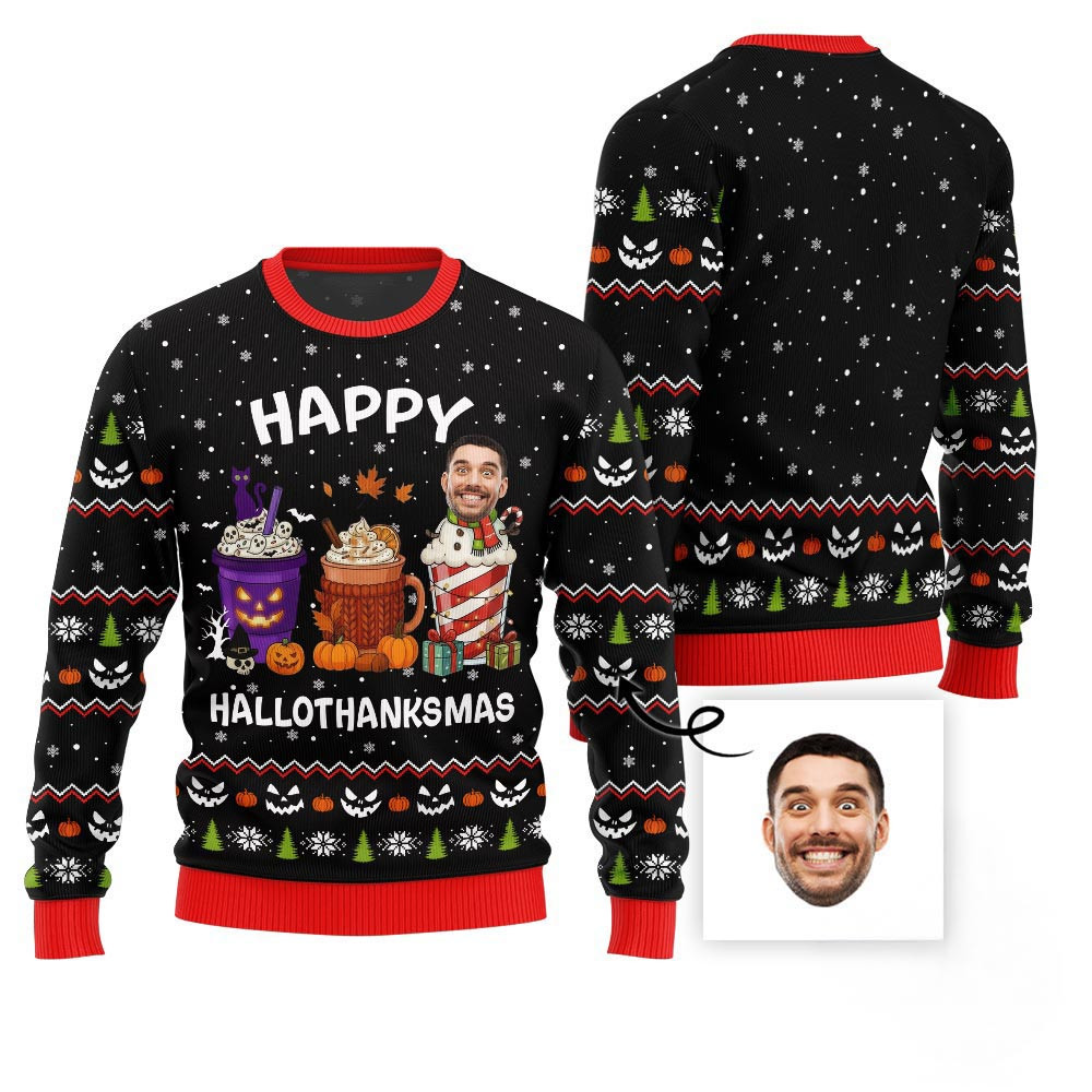 Happy Hallothanksmas Custom Face Ugly Christmas Sweater Funny Christmas Sweaters