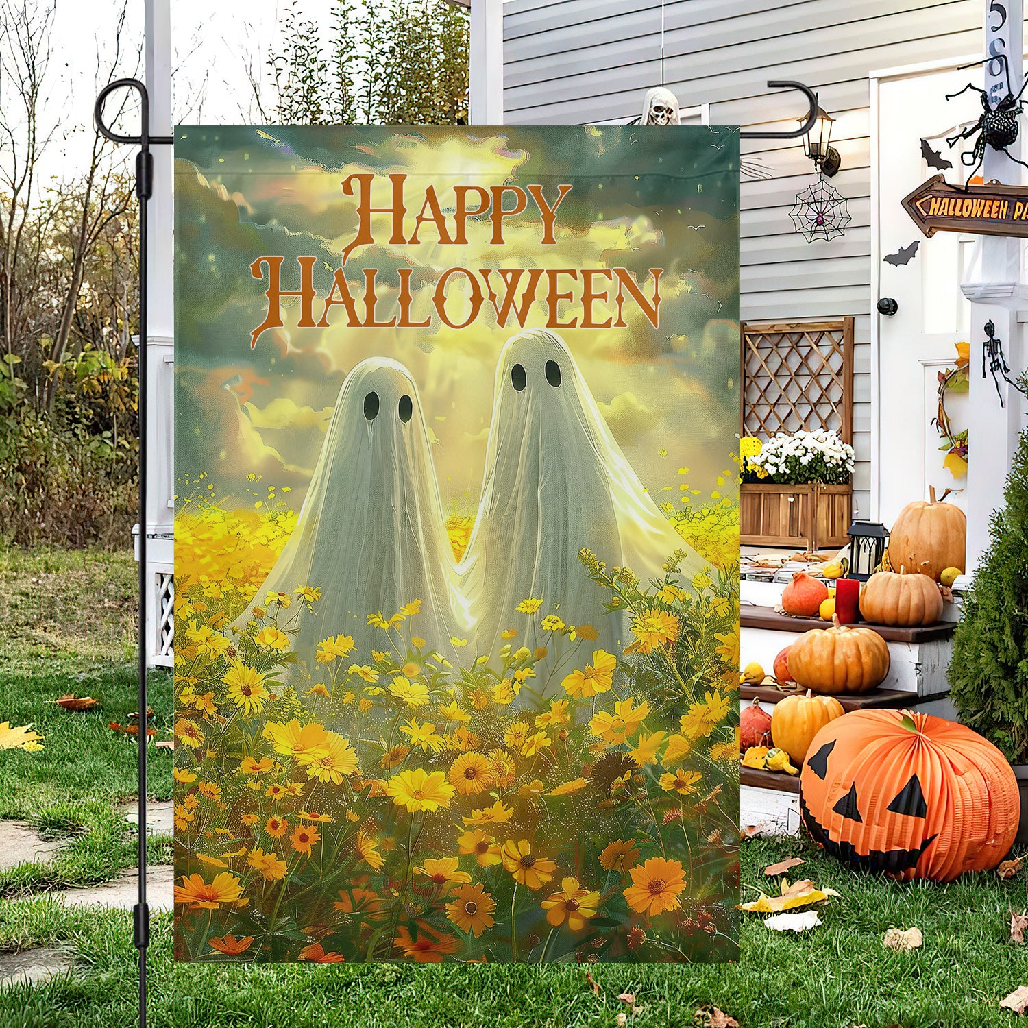 Happy Halloween Garden Flag Ghost In Meadow Outdoor Decor Halloween Gifts For Ghost Lovers