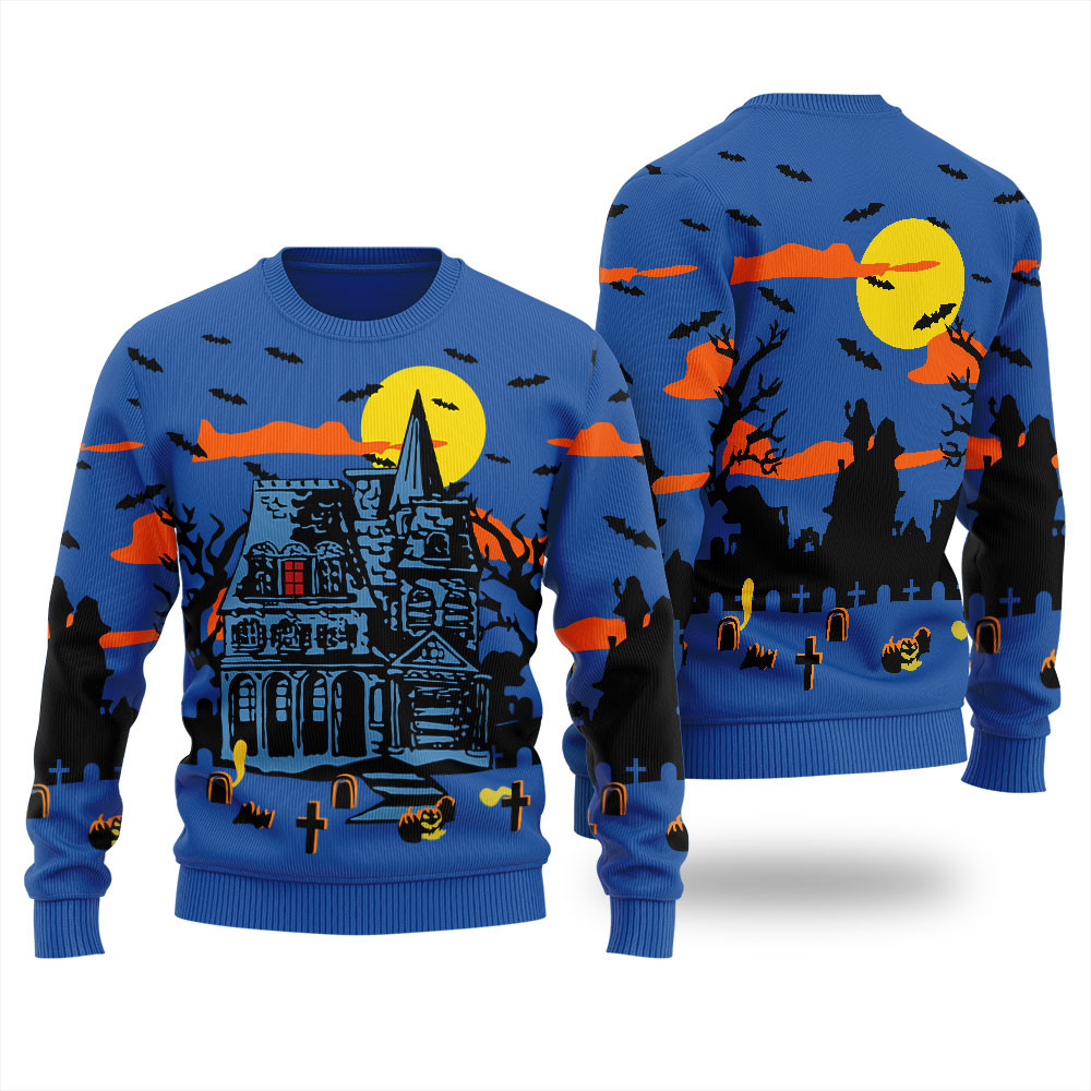 Happy Halloween Haunted House Womens Ugly Sweater Soft Cotton Sweatshirt for Winter Comfort