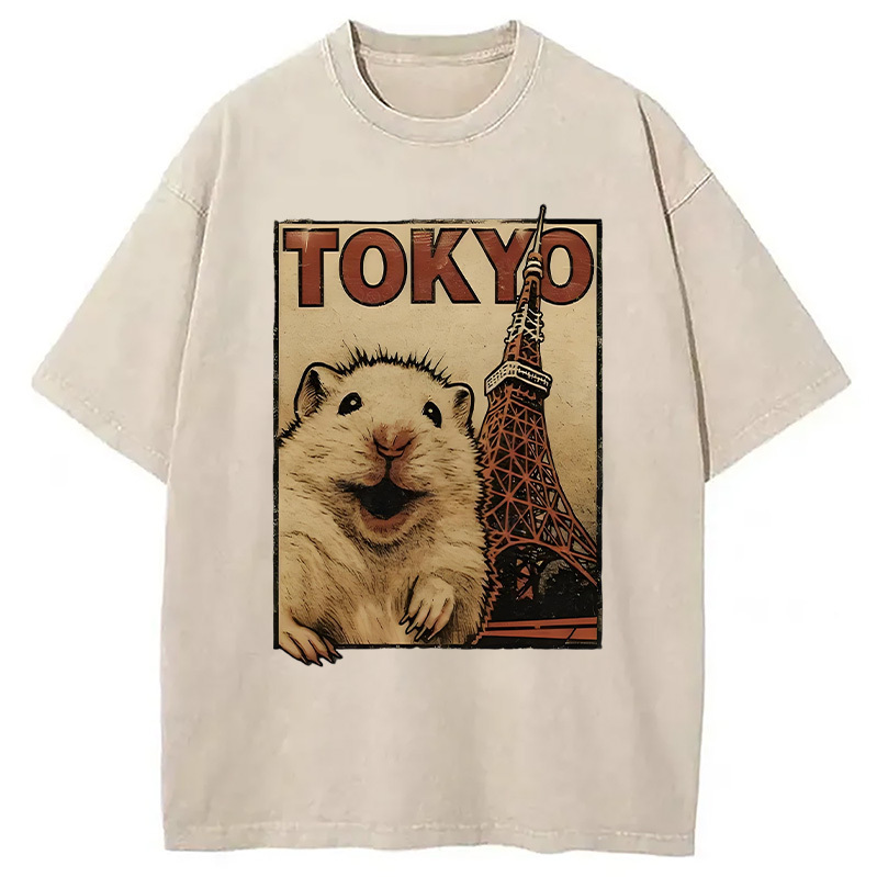 Happy Hamster Under Tokyo Tower Washed T-Shirt Everyday Comfort Graphic Shirt Gifts For Friends