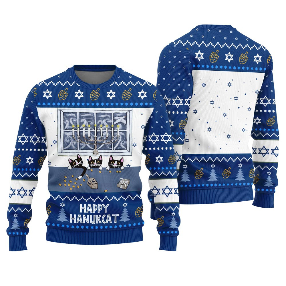 Happy Hanukcat Jewish Cat Ugly Hanukkah Sweater Soft Cotton Sweatshirt for Winter Comfort