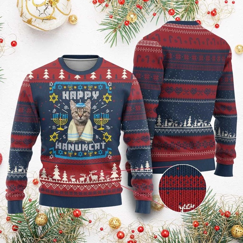 Happy Hanukcat Ugly Christmas Sweater Menorah Jewish Festival Sweater Gifts For Cat Lovers