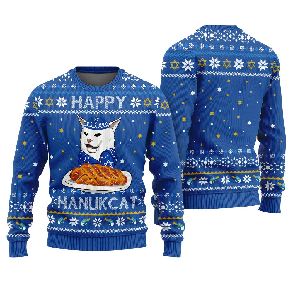 Happy Hanukcat Ugly Hanukkah Sweater Royal Exclusive Christmas Sweater Merch Gift Edition