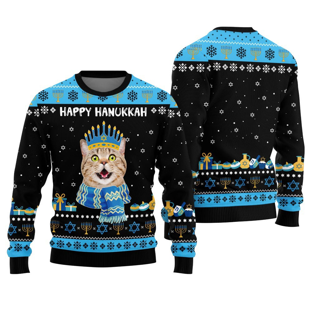 Happy Hanukkah Custom Cat Sweater Black Best Ugly Sweaters For Christmas