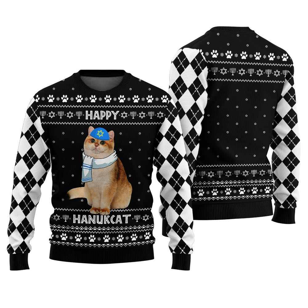 Happy Hanukkah Custom Cat Ugly Sweater Black Christmas Ideas For Girlfriend
