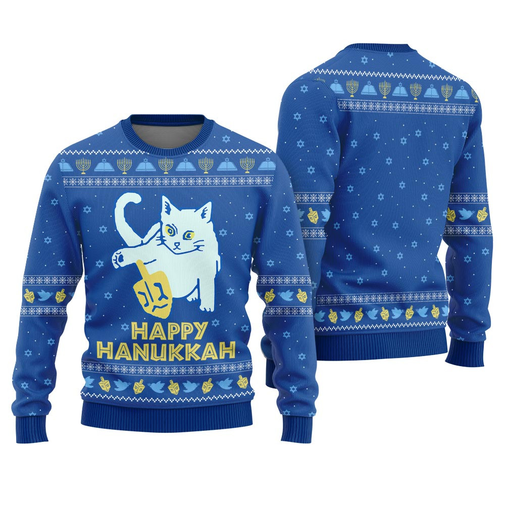 Happy Hanukkah Meowy Ugly Sweater Royal Warm and Comfy Sweater for Winter Days