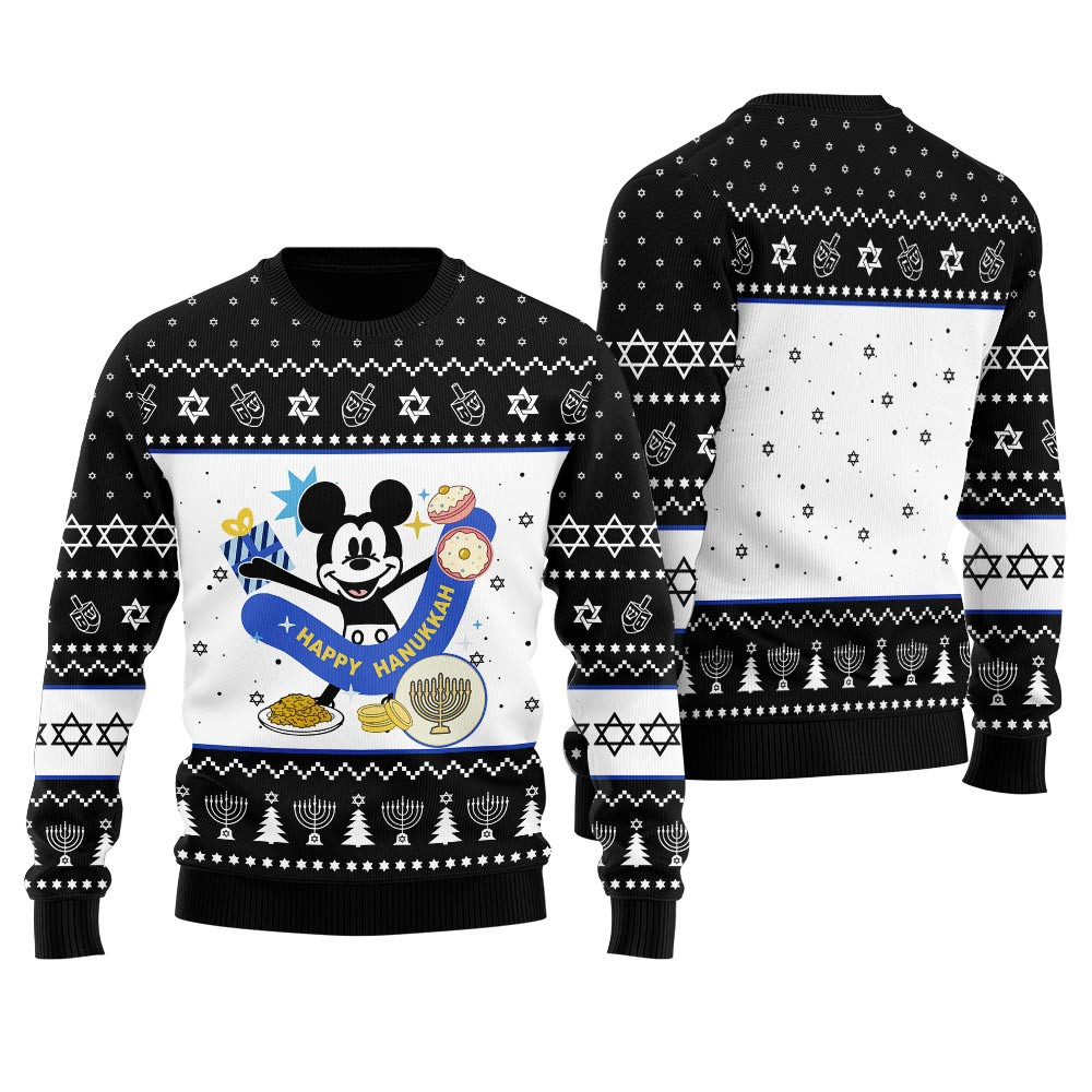 Happy Hanukkah Mickey Mouse Ugly Sweater Black Trendy Winter Sweatshirt for Cozy Moments