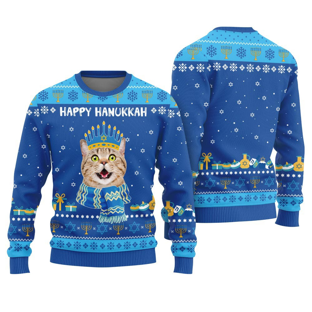 Happy Hanukkah Personalized Cat Sweater Royal Christmas Sweater Gift