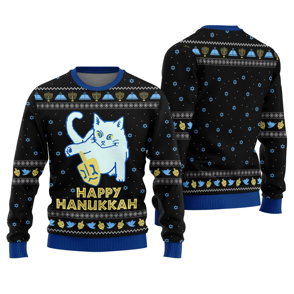 Happy Hanukkah Ugly Cat Sweater Black Custom Holiday Sweater Merch That Warms the Heart