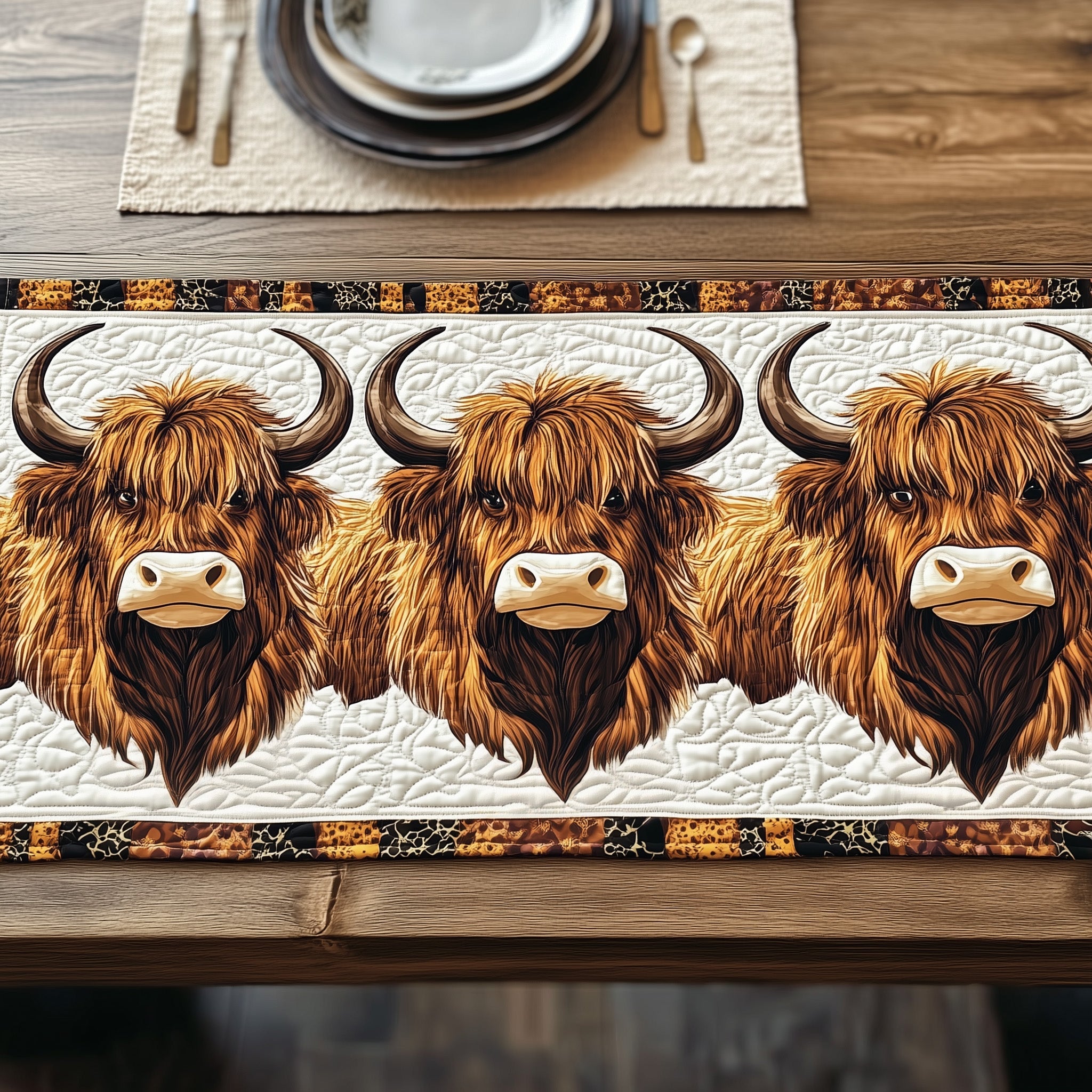 Happy Highland Buddy Quilted Table Runner Holiday Table Runner for Kitchen Decor