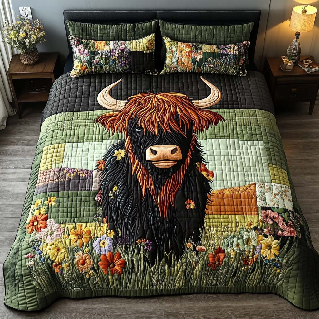 Happy Highland Days Quilted Bedding Set Bed Decor Highland Cattle Gifts For Her