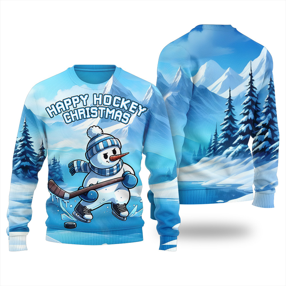 Happy Hockey Christmas Ugly Sweater Cozy Christmas Sweater for Holiday Season