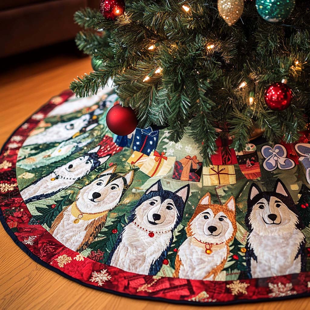 Happy Husky Christmas Quilted Tree Skirt Holiday Merch That Completes Your Christmas Setup