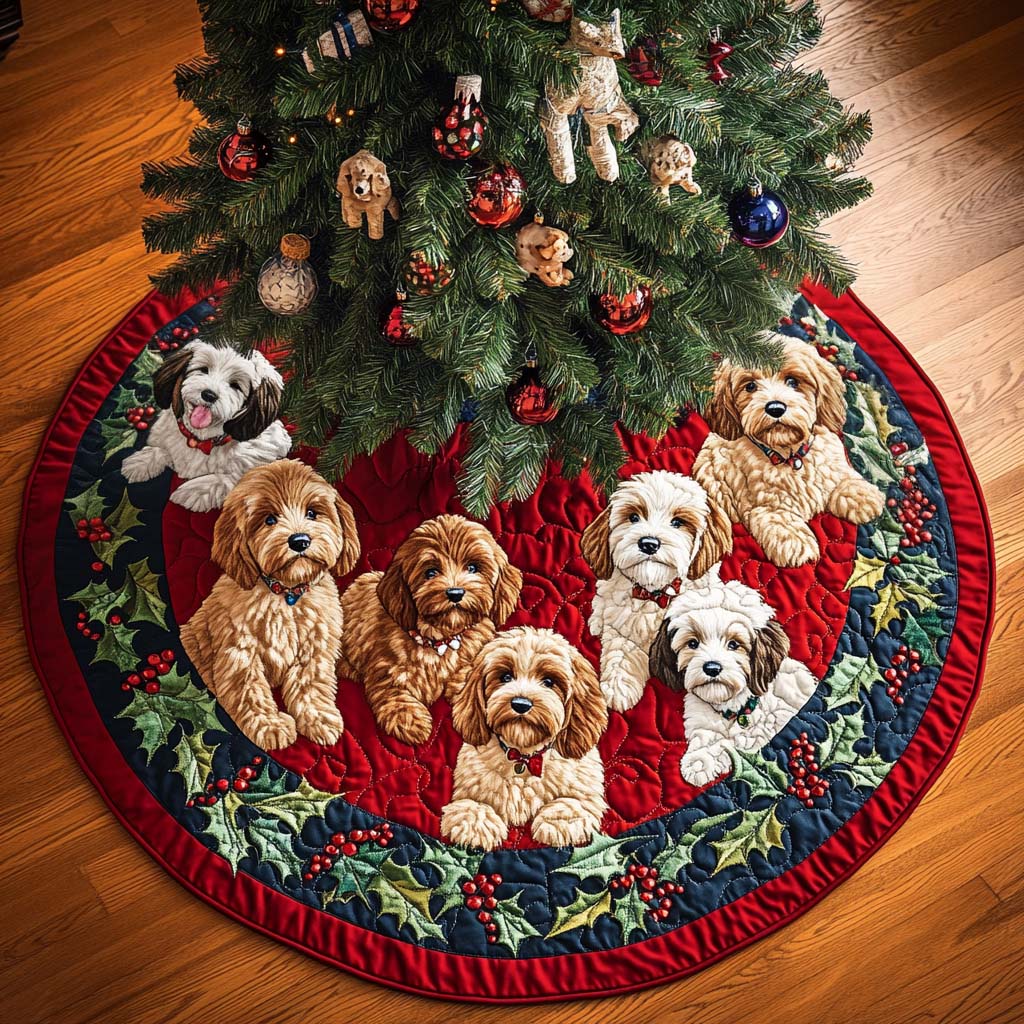 Happy Labradoodle Christmas Quilted Tree Skirt Adorable Holiday Tree Skirt for Cozy Spaces