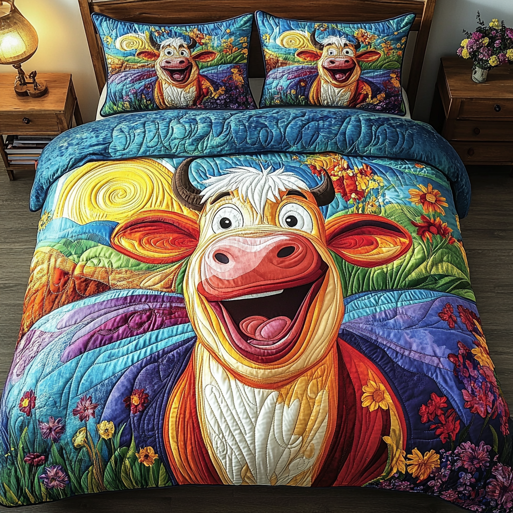 Happy Moo Quilted Bedding Set Bedroom Decorations Presents For Cow Lovers