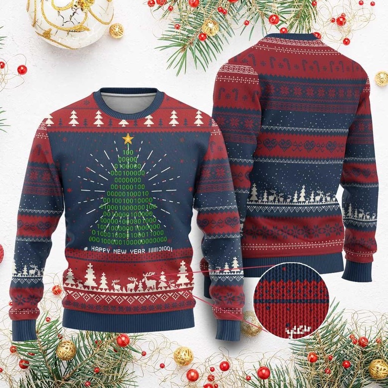 Happy New Year 11111101001 Ugly Christmas Sweater Funny Binary Christmas Tree Sweater Gifts