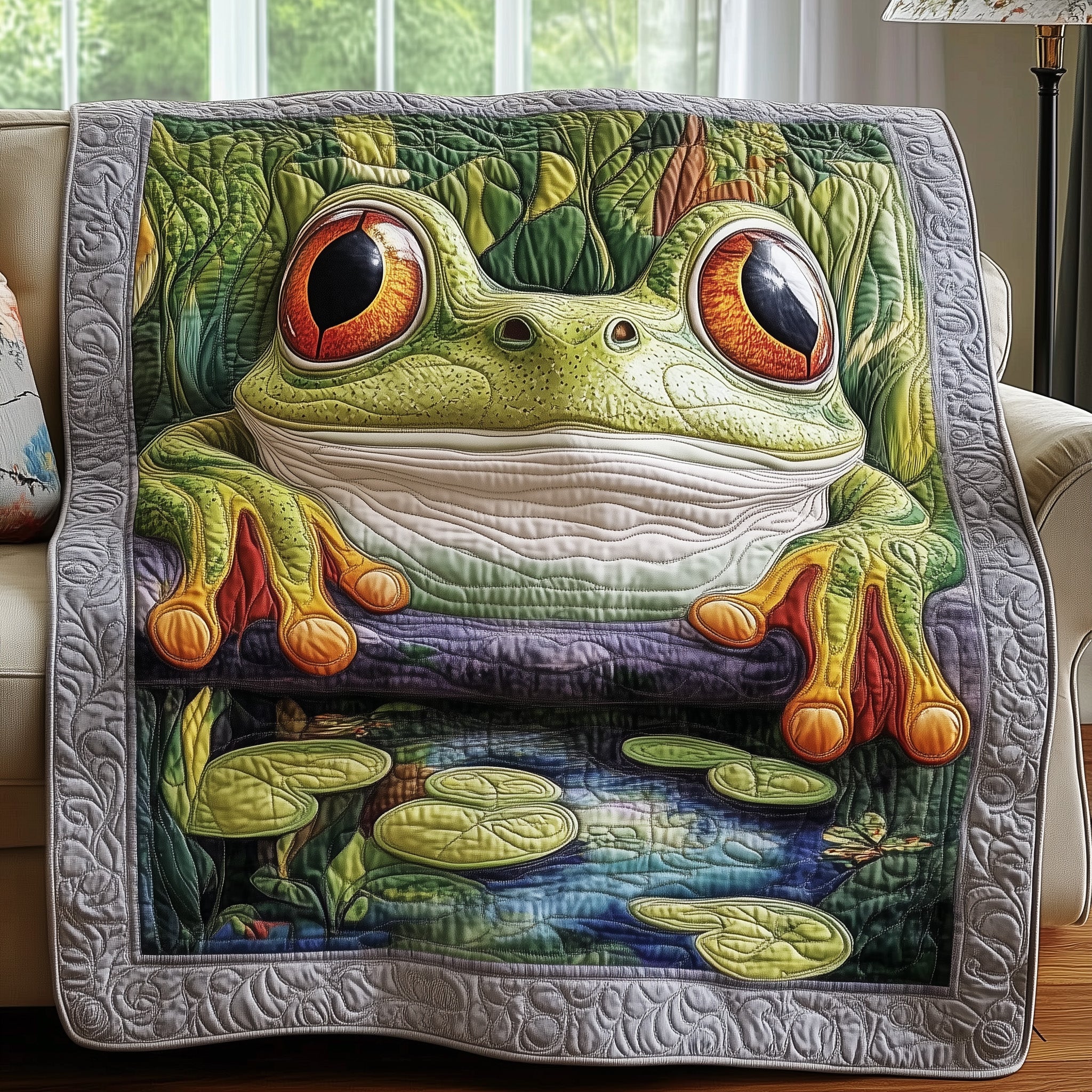 Happy Pond Frog Quilted Blanket Cute Bed BlanketFrog Related Gifts