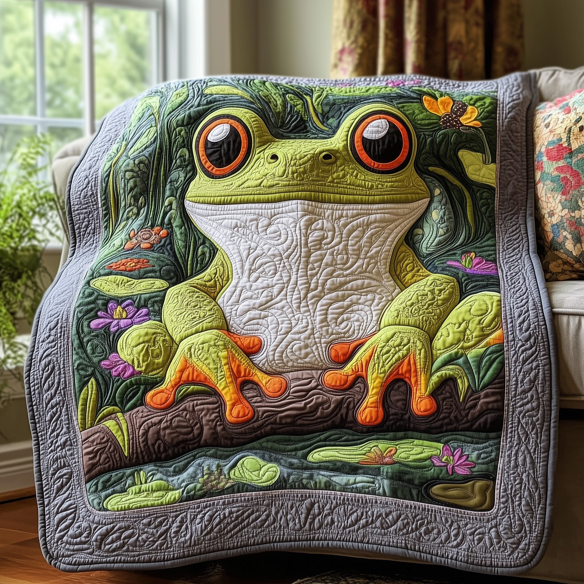 Happy Pond Frog Quilted Blanket Cute Bed BlanketUnique Gifts For Frog Lovers