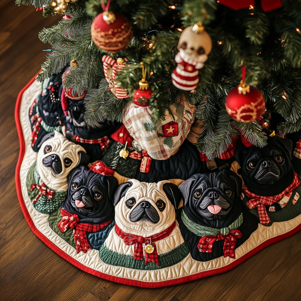 Happy Pug Christmas Quilted Tree Skirt Unique Quilted Tree Skirt Gift for Loved Ones