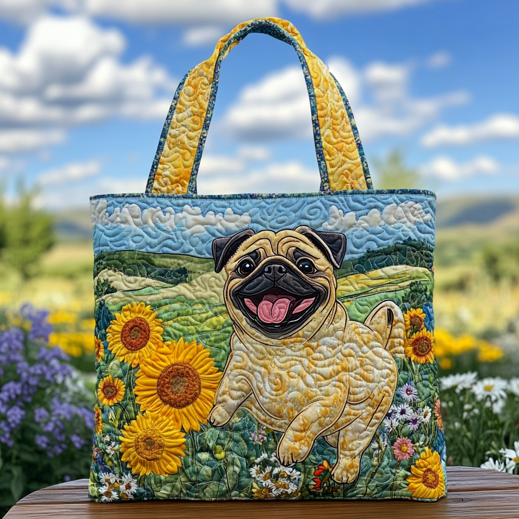 Happy Pug Quilted Tote Bag Dog Gifts For Dog Lovers