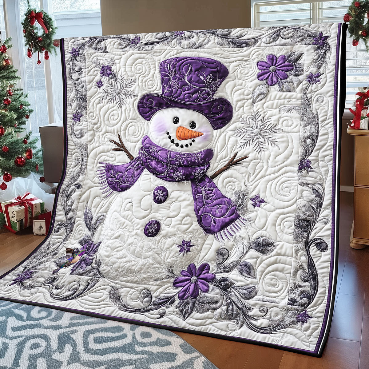 Happy Purple Snowman Quilt Blanket Queen Size Blanket Father Daughter Presents