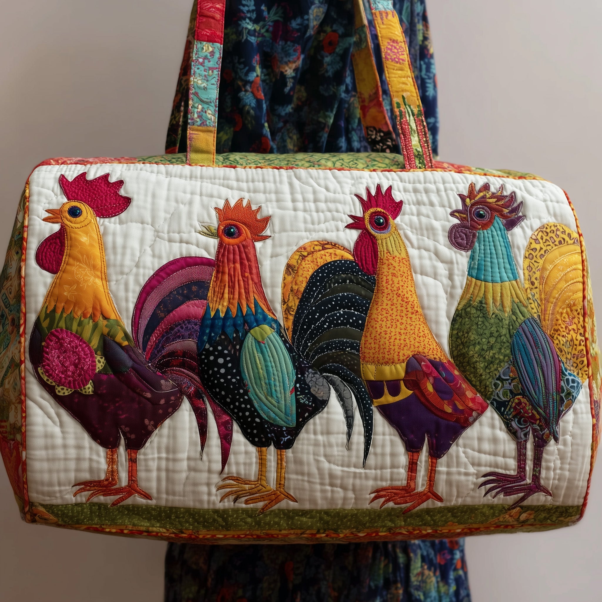 Happy Roosters Quilted Duffle Bag For Daily Commute