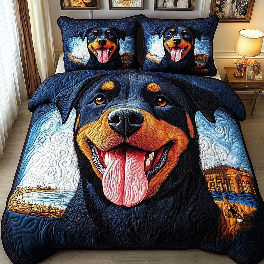 Happy Rottie Quilted Bedding Set Stylish Bedding Merch Gift for Home Lovers