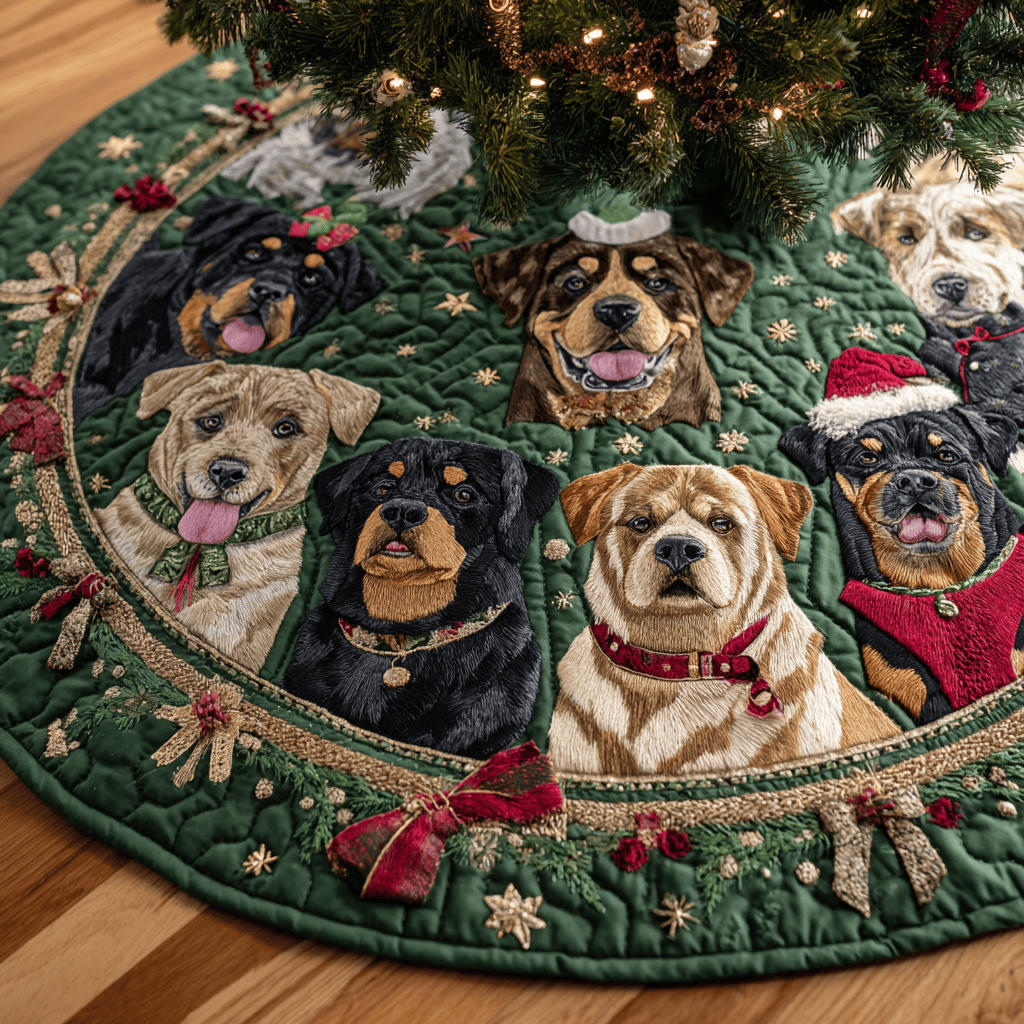 Happy Rottweiler Christmas Quilted Tree Skirt Winter Home Decor Rottweiler Owner Christmas Gifts