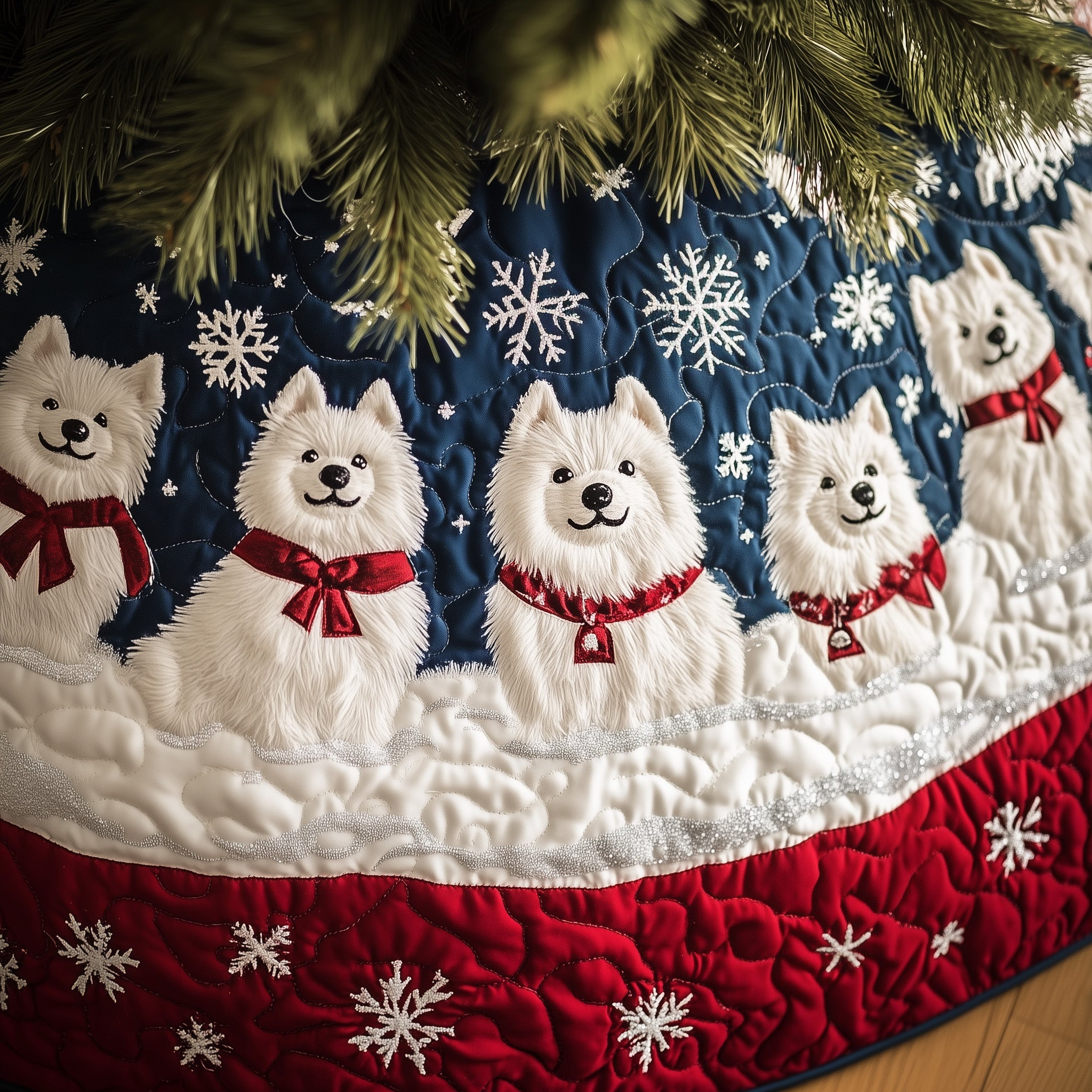 Happy Samoyed Quilted Tree Skirt Magical Christmas Spirit Merch