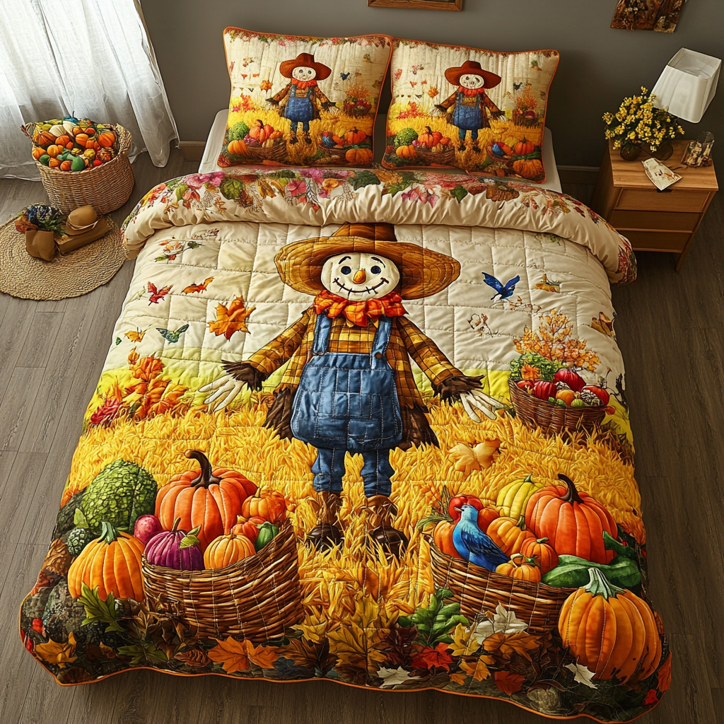 Happy Scarecrow Quilted Bedding Set Bed Decor Ideas Fall Autumn Gifts For Her