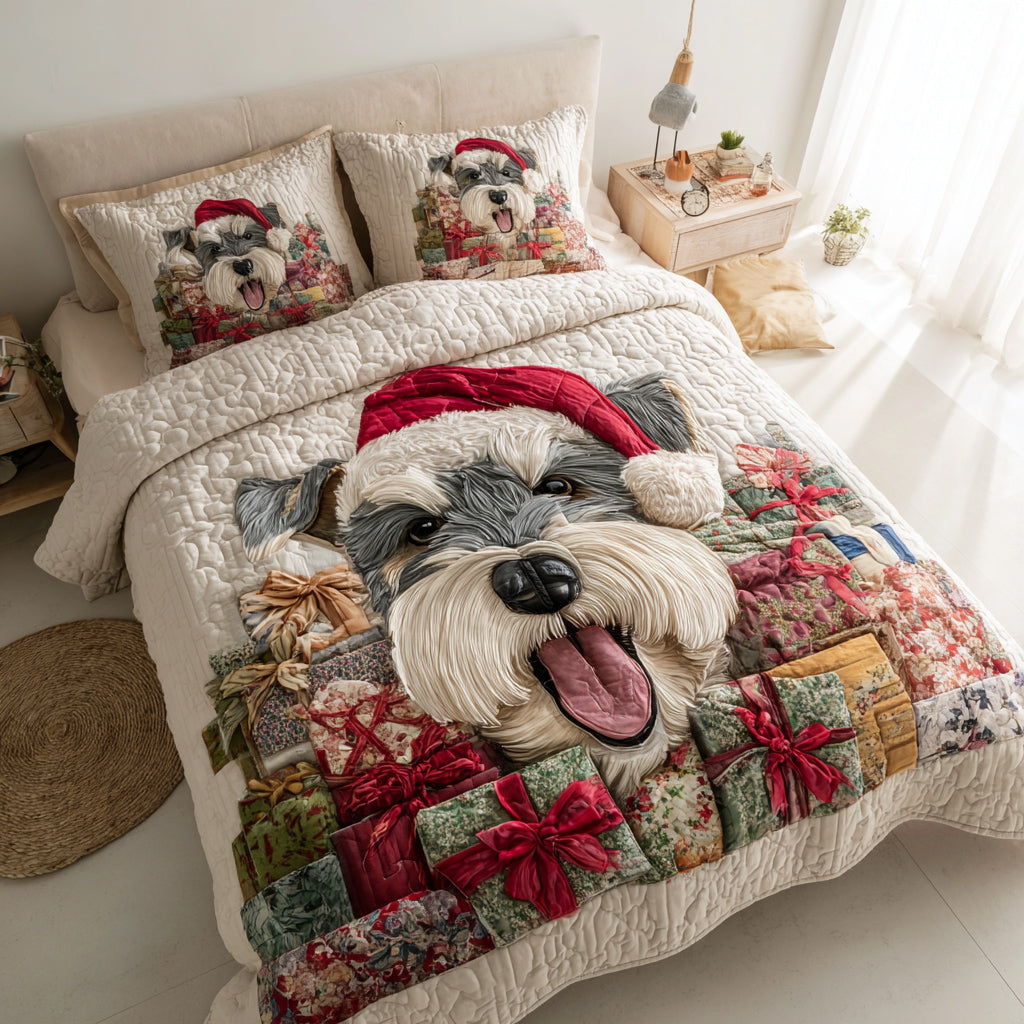 Happy Schnauzer Present Quilted Bedding Set Best Christmas Duvet Cover Set Xmas Present For Dog Lovers