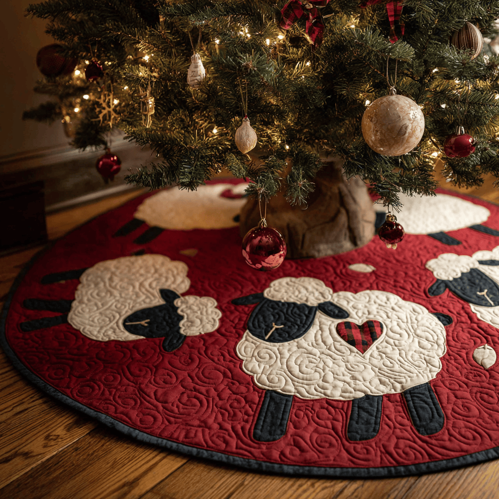 Happy Sheep Christmas Quilted Tree Skirt Holiday Decor Sheep Lover Christmas Gifts
