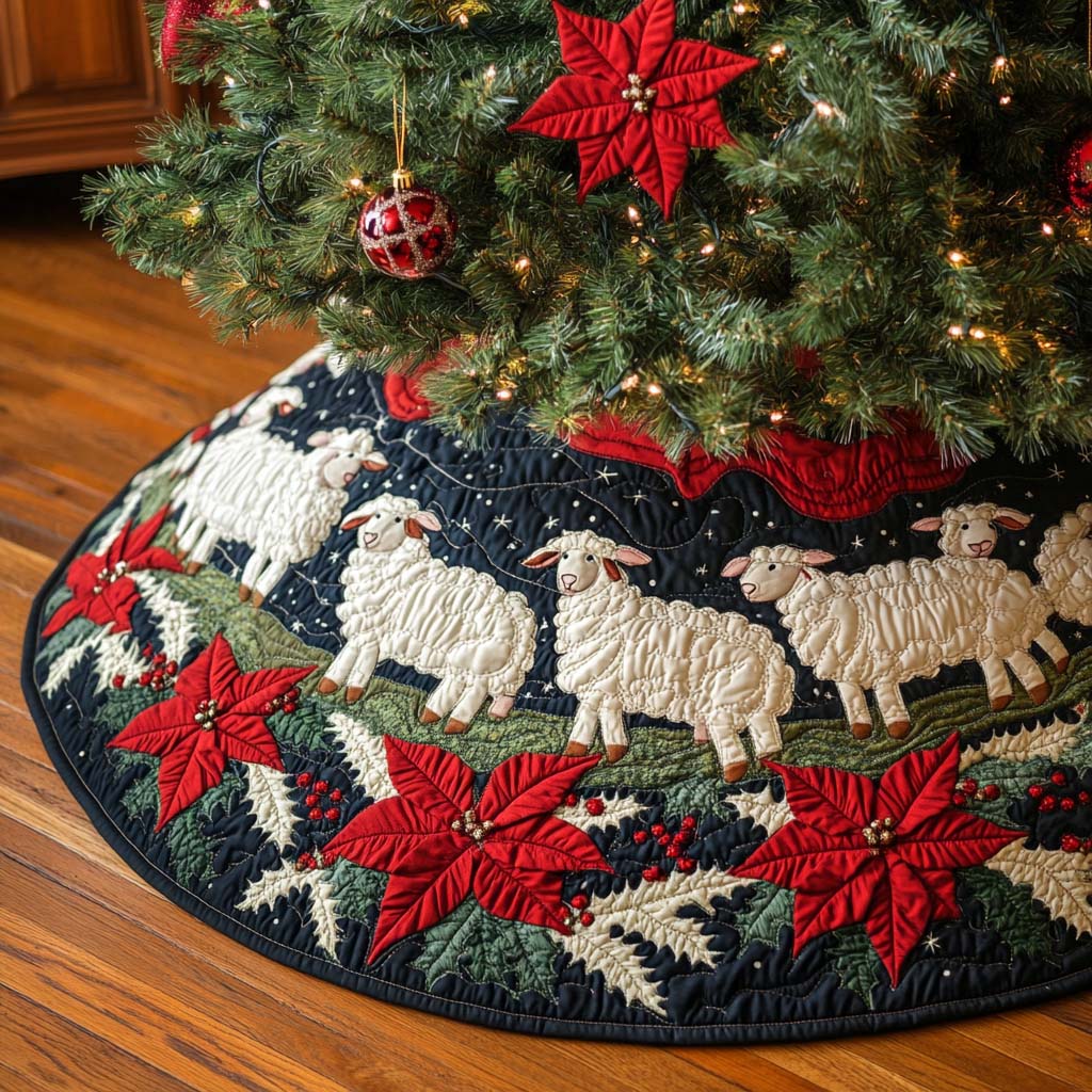 Happy Sheep Christmas Quilted Tree Skirt Winter Holiday Decor Cute Sheep Gifts