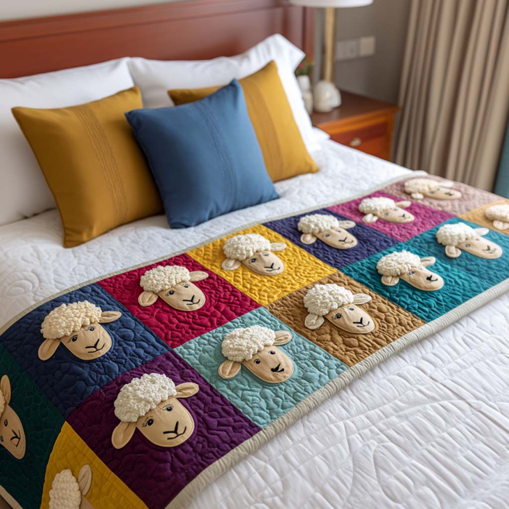 Happy Sheep Quilted Bed Runner Cute Bedroom Decor Presents For Sheep Lovers