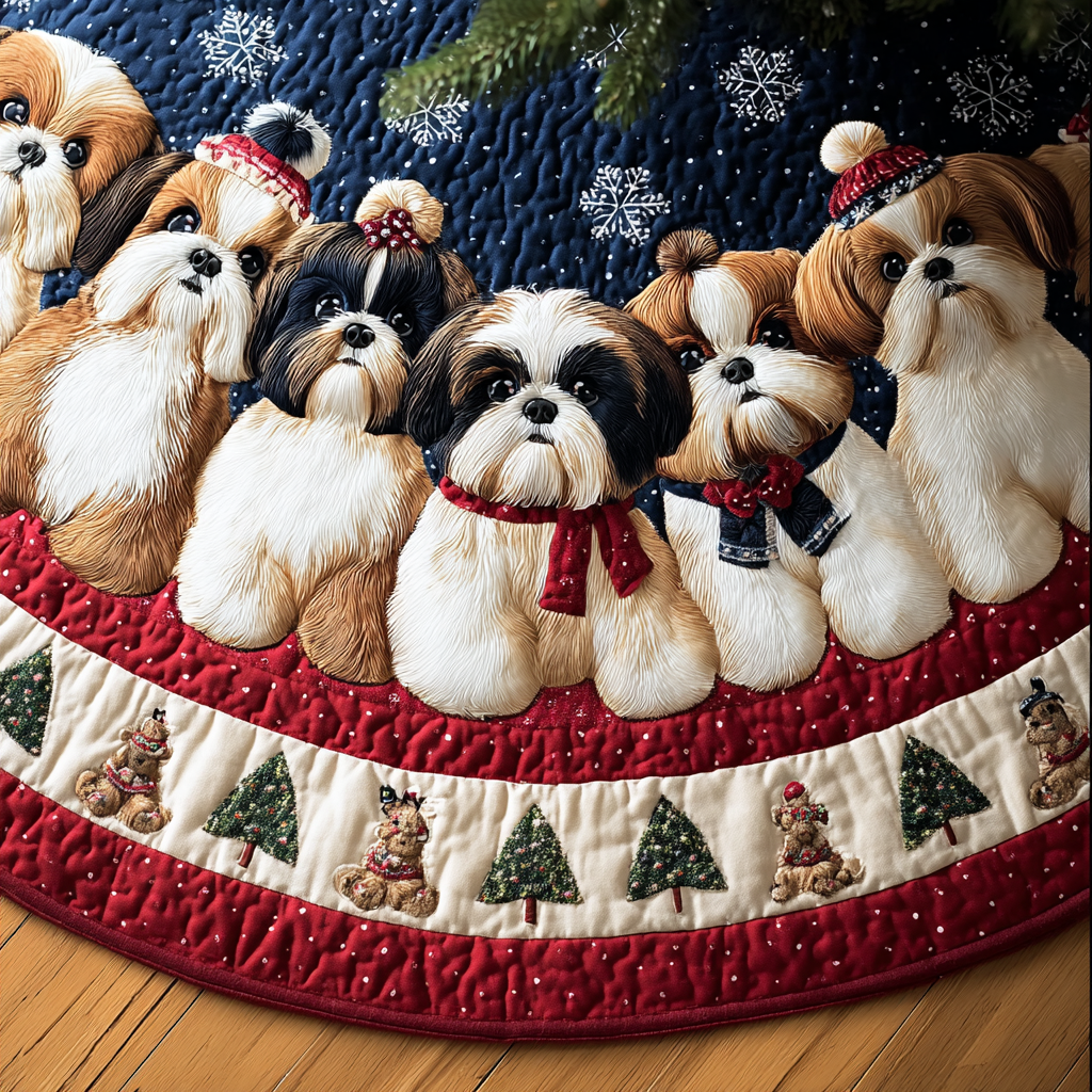 Happy Shih Tzu Christmas Quilted Tree Skirt Xmas Indoor Decorations Best Presents For Dog Lovers