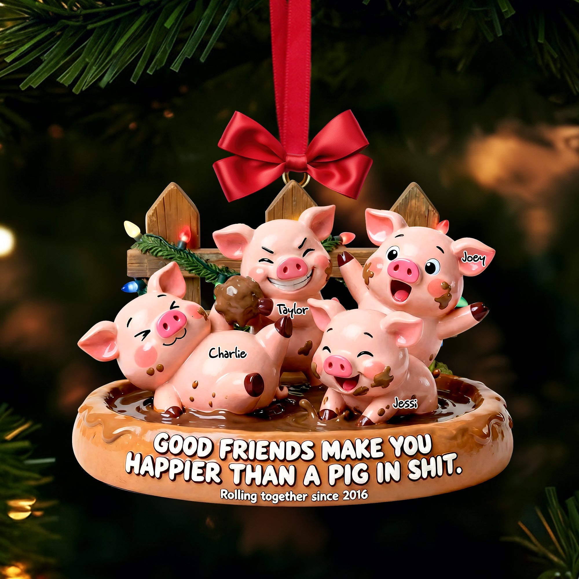 Happy Silly Pig Friends Ornament - Personalized Gifts For Friends - Holiday Tree Decoration Gift
