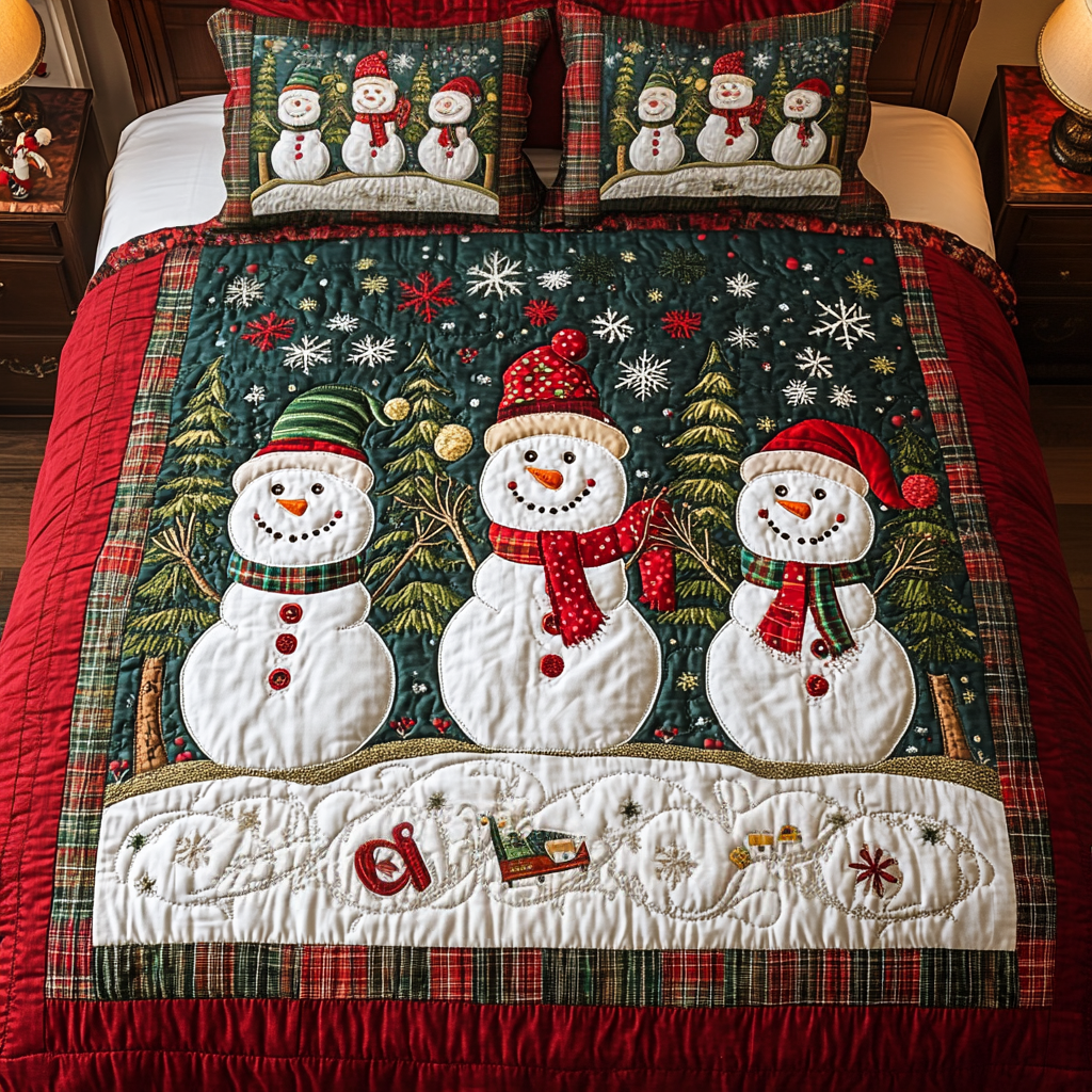 Happy Snow Days Quilted Bedding Set King Size Quilt Sets Gift For Parents Christmas