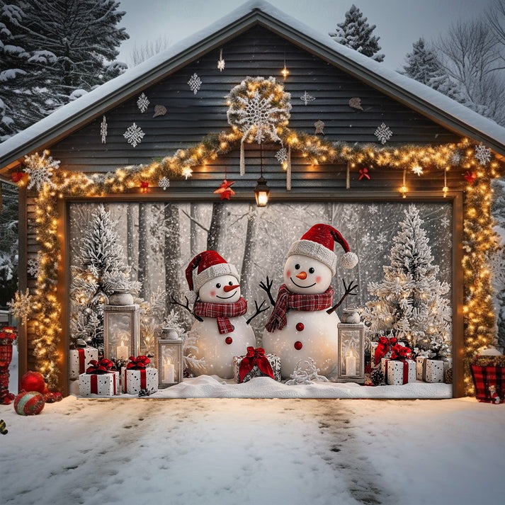 Happy Snowman Couple Christmas Garage Door Cover Xmas Outdoor Decor Gifts For Husband