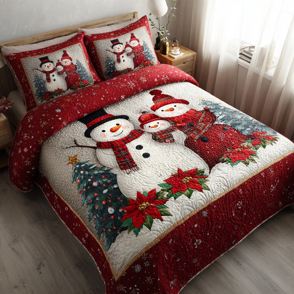 Happy Snowman Family Quilted Bedding Set Holiday Duvet Covers Snowman Christmas Presents