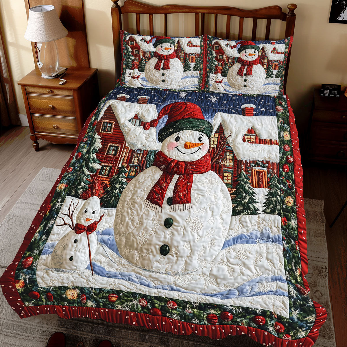 Happy Snowman Holiday Xmas Quilted Bedding Set Unique Christmas Gift For Wife
