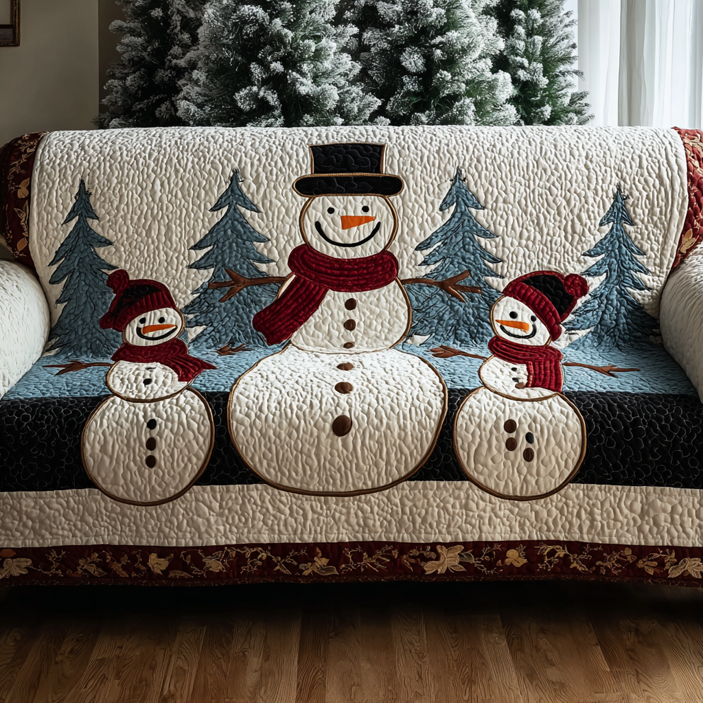 Happy Snowman Quilted Sofa Cover Winter Living Room Decor Snowman Christmas Presents