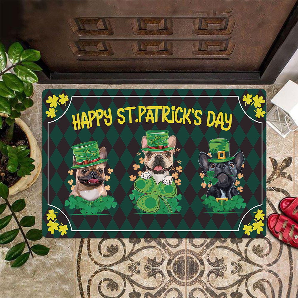 Happy St Patrick's Day Doormat Frenchie Owners Funny Front Door Mats St Patrick's Day Decor