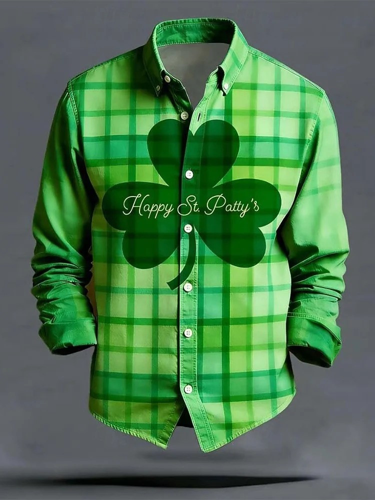 Happy St Patricks Day Shamrock Plaid Graphic Button Up Long Sleeve Shirt Irish Lucky Charm Gift Men