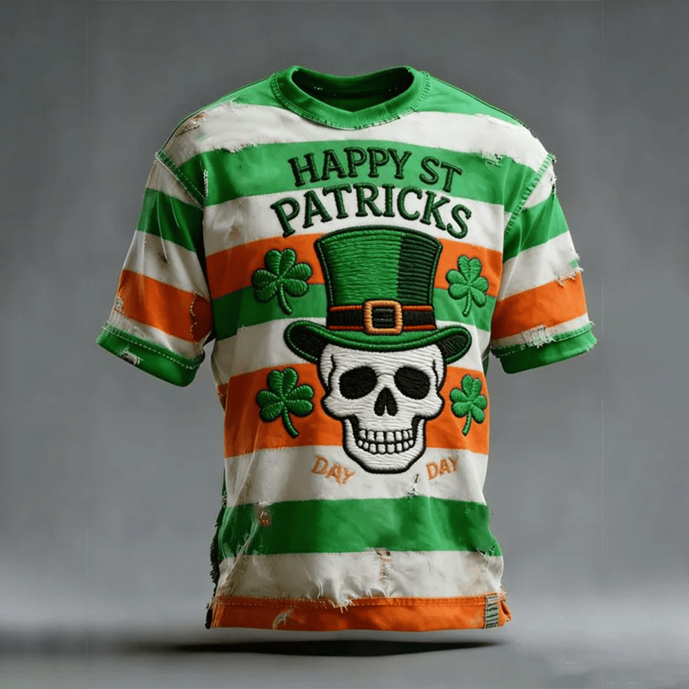 Happy St Patrick's Day Skull Art Stripes T-Shirt St Patrick's Day Clothes Best Gift For Him