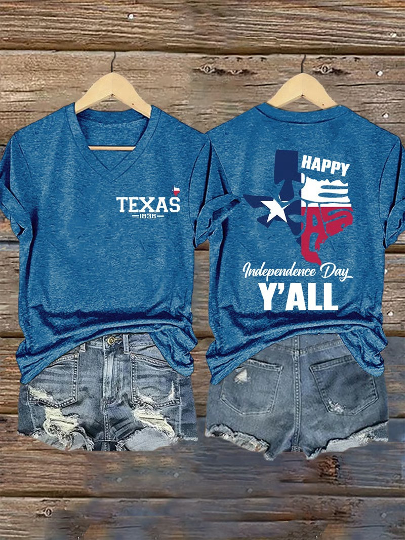 Happy Texas Independence Day Yall V-Neck Shirt Texas 1836 Patriotic Lone Star Fan Gear Gift Her