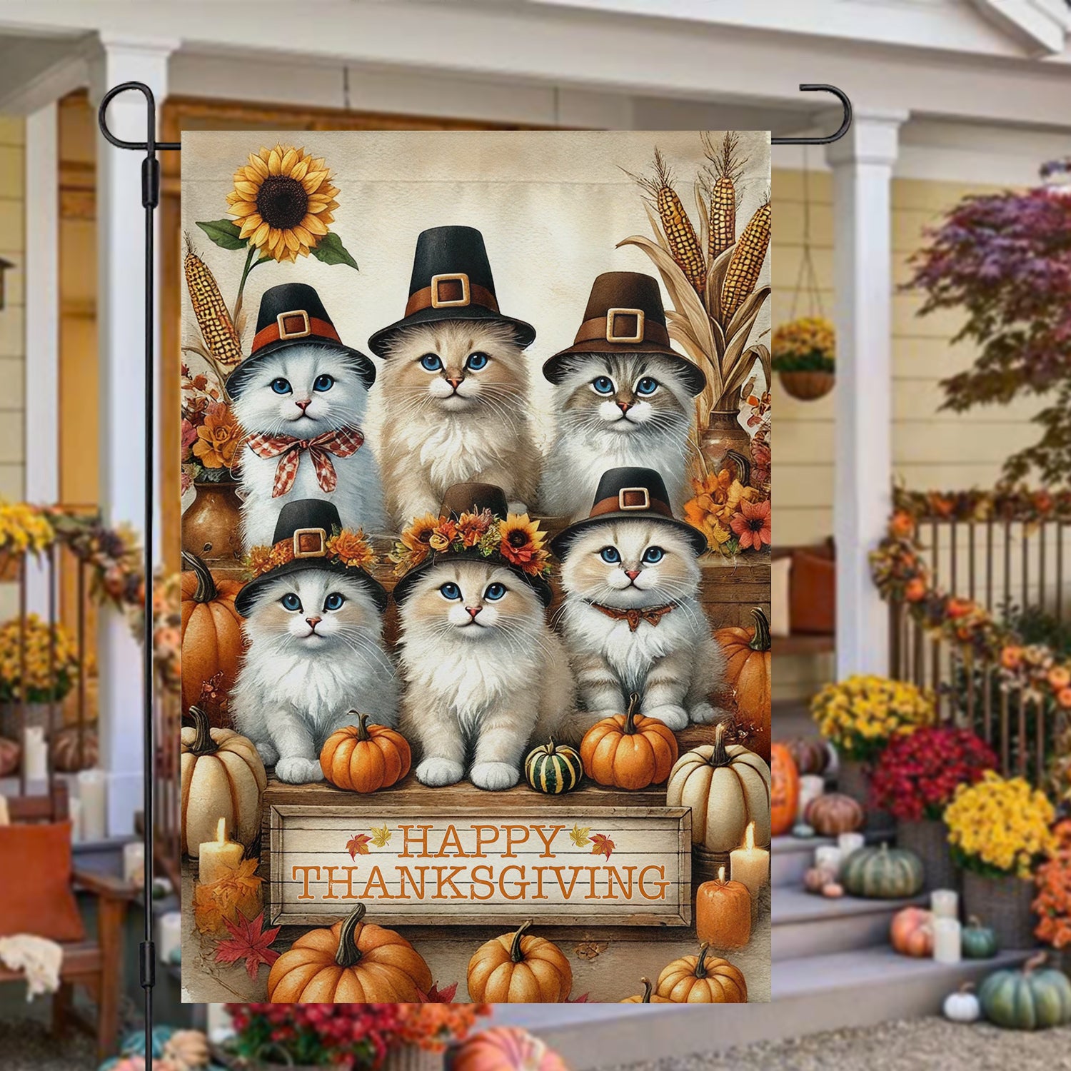 Happy Thanksgiving Cat Garden Flag Thankful Outdoor Decor Yard Decor Gift For Cat Lovers