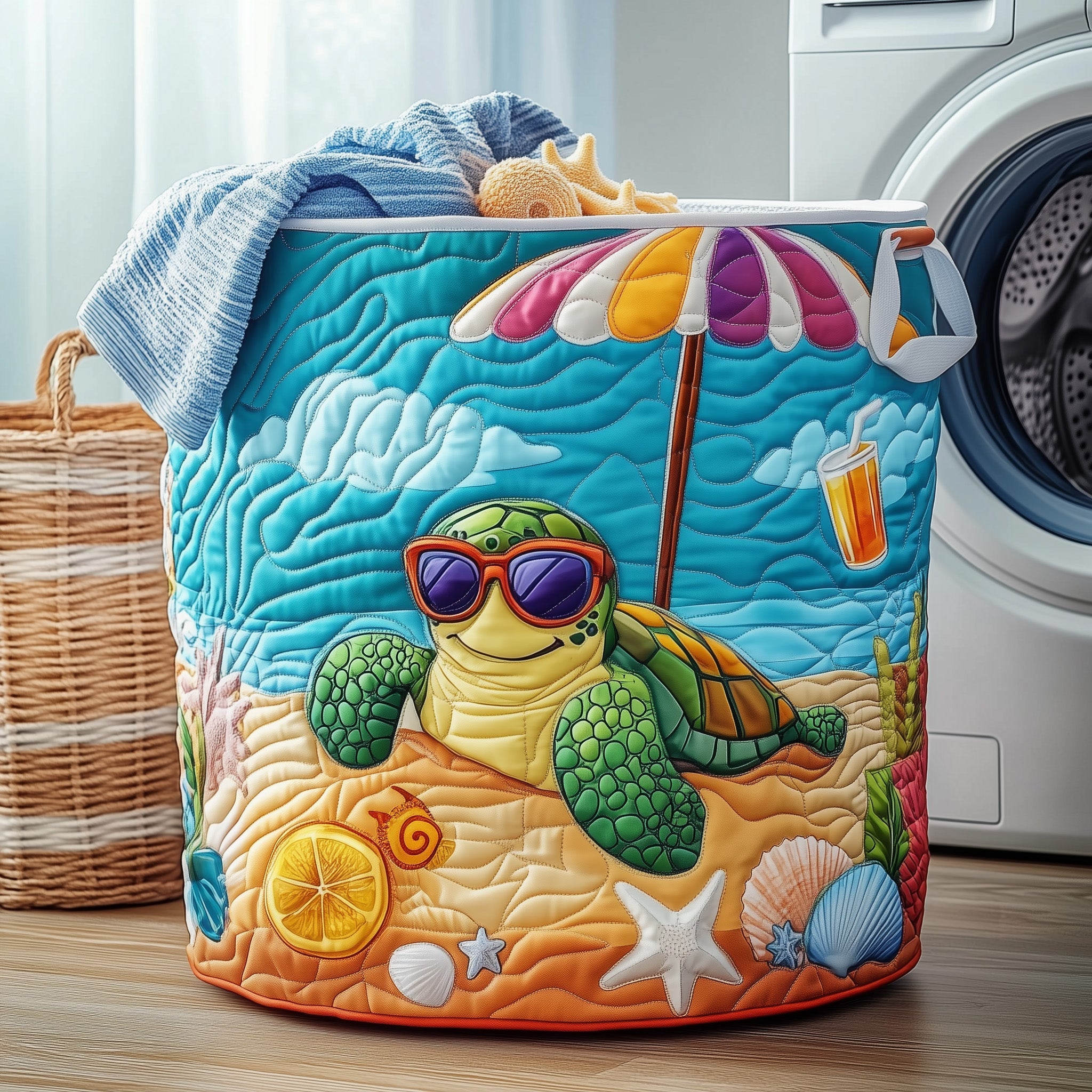 Happy Turtle Quilted Laundry Basket Blue Ocean Present Gift For Turtle Lovers