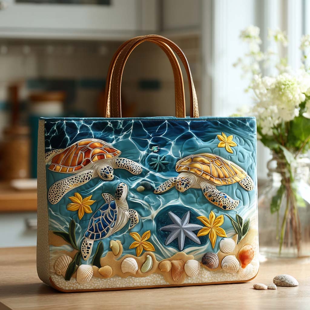 Happy Turtle Stroll Quilted Tote Bag Cool Beach Gifts